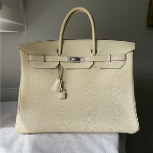 Hermes birkin 40 Cream Leather Top-Handle Tote with palladium Hardware